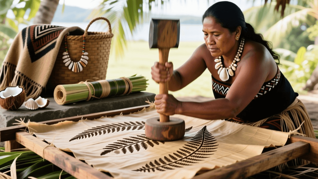 Niuean Tapa Pounding And Design Transfer Using Fern Stencils