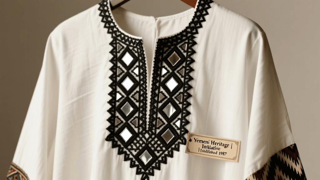 Yemeni Tihama Embroidery Black Thread On White Cotton And Mirror Work